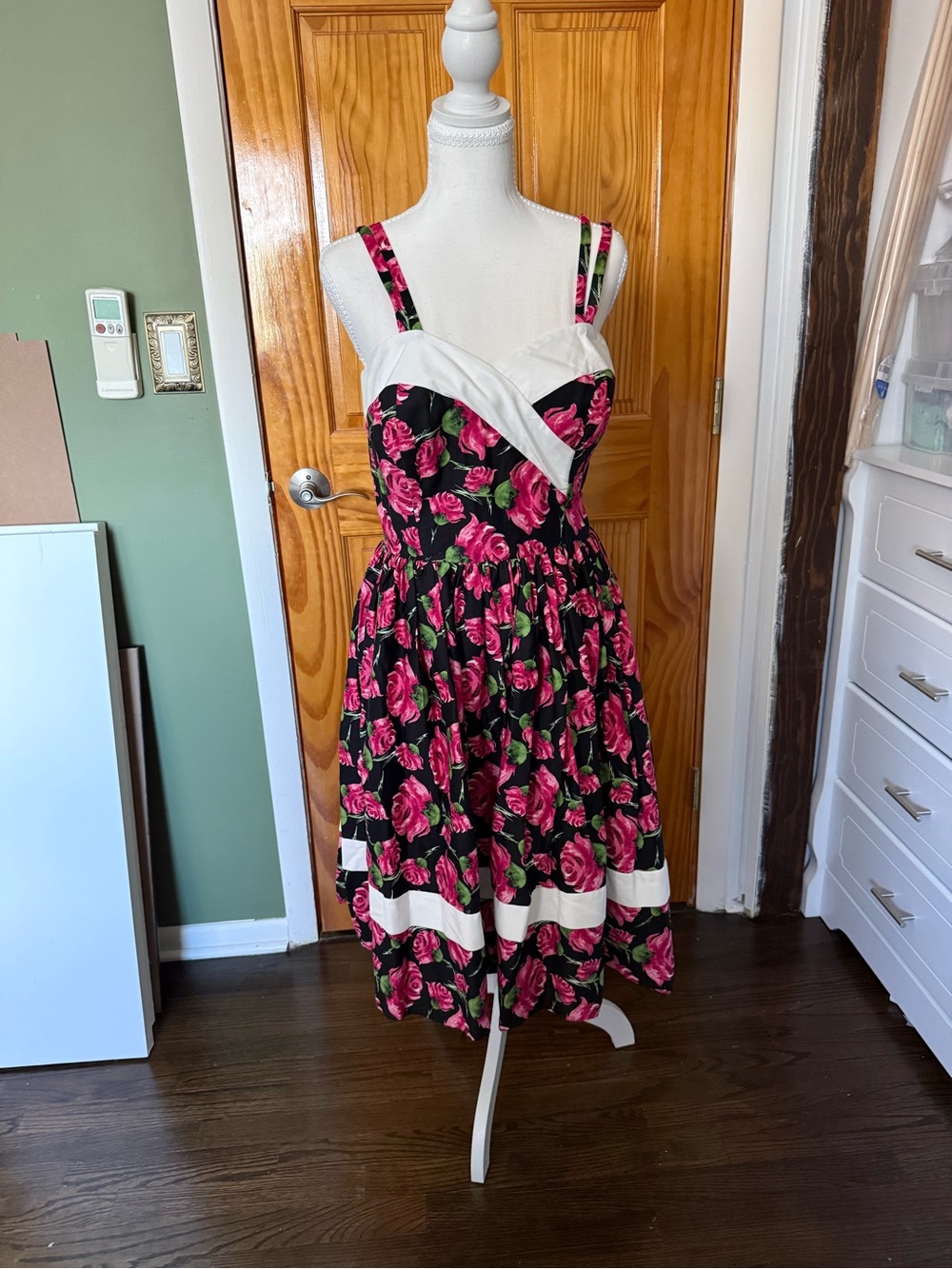 Unique Vintage Black Floral Midi Dress with Pink Roses and White Trim